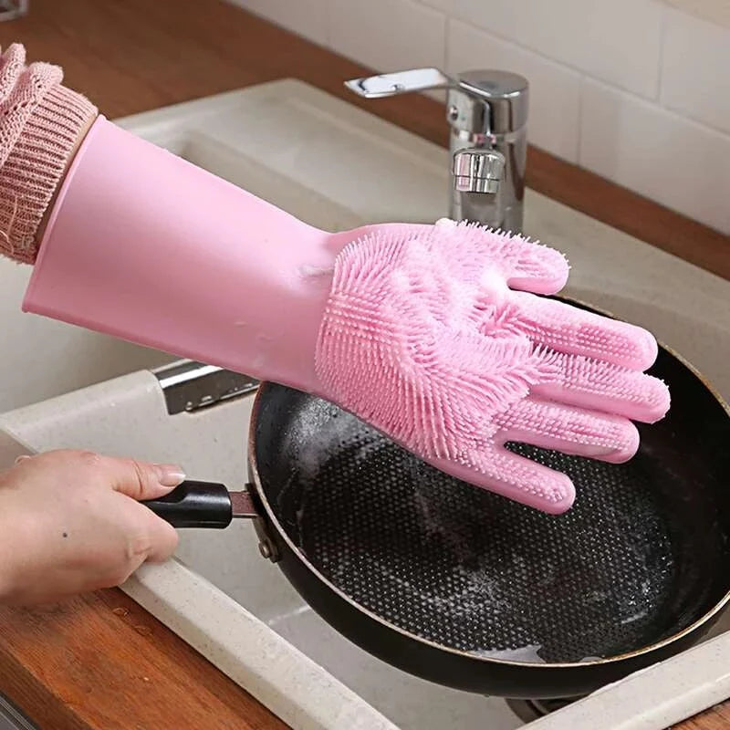 Silicone Dishwashing & Cleaning Gloves with Scrubber
